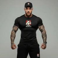 Free Muscle cap, black, worn with a black Free Muscle T-shirt