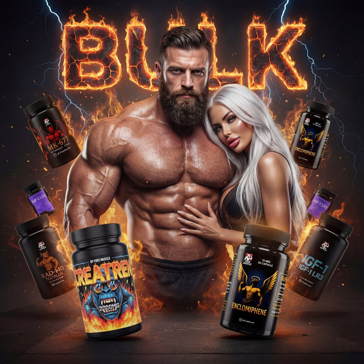 Bulk banner showing a man and a woman with Free Muscle product bottles and flames