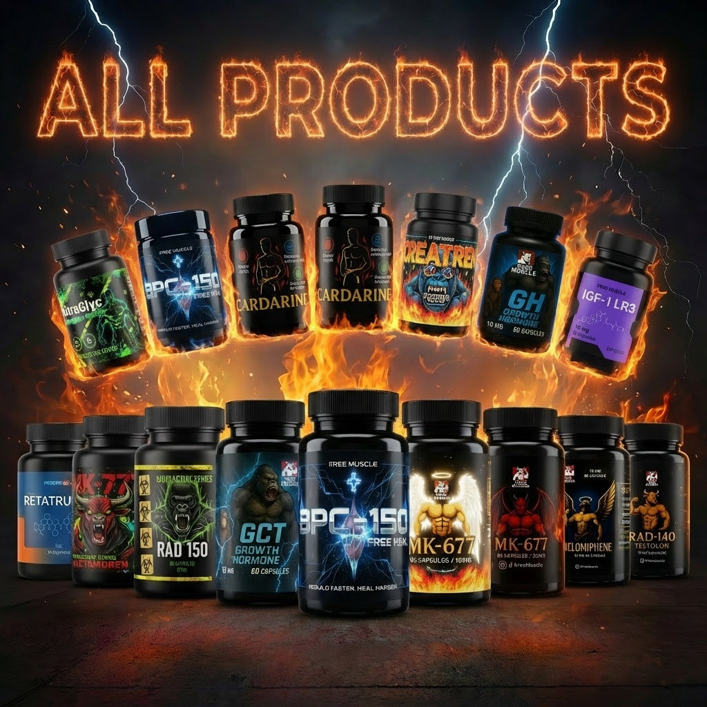 Free Muscle product range banner, rows of bottles under an All Products heading