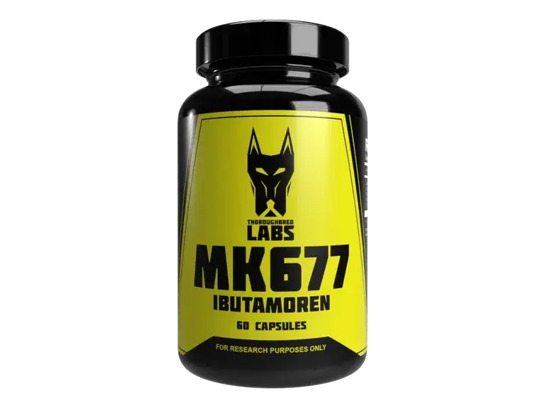 Thoroughbred Labs MK677 Ibutamoren bottle, 60 capsules, on a black background