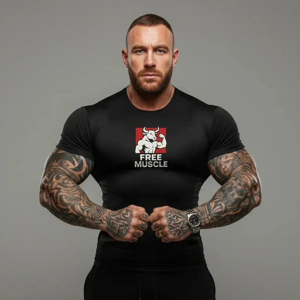 Man in a black Free Muscle T-shirt with bull logo, standing in a studio