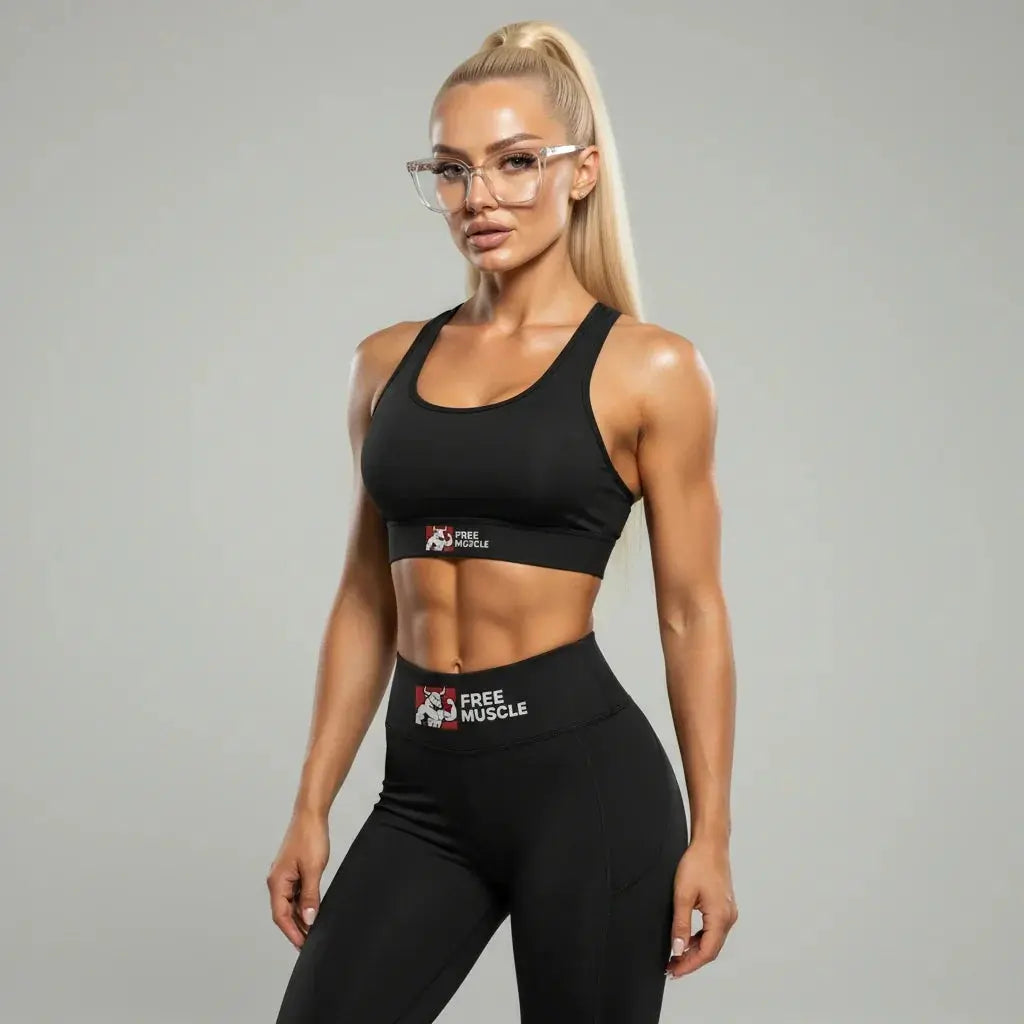 Woman in a black Free Muscle sports bra and leggings, standing in a studio