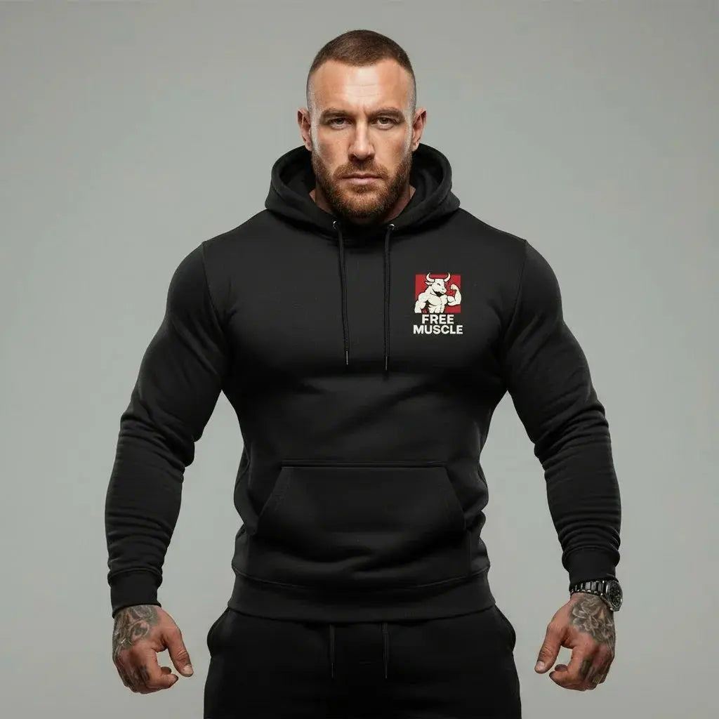 Man in a black Free Muscle hoodie with bull logo, standing in a studio