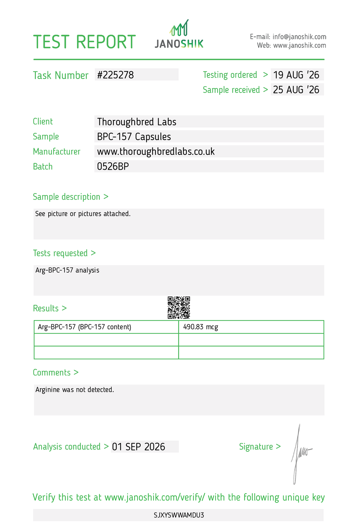 Janoshik test report for Thoroughbred Labs BPC-157 capsules
