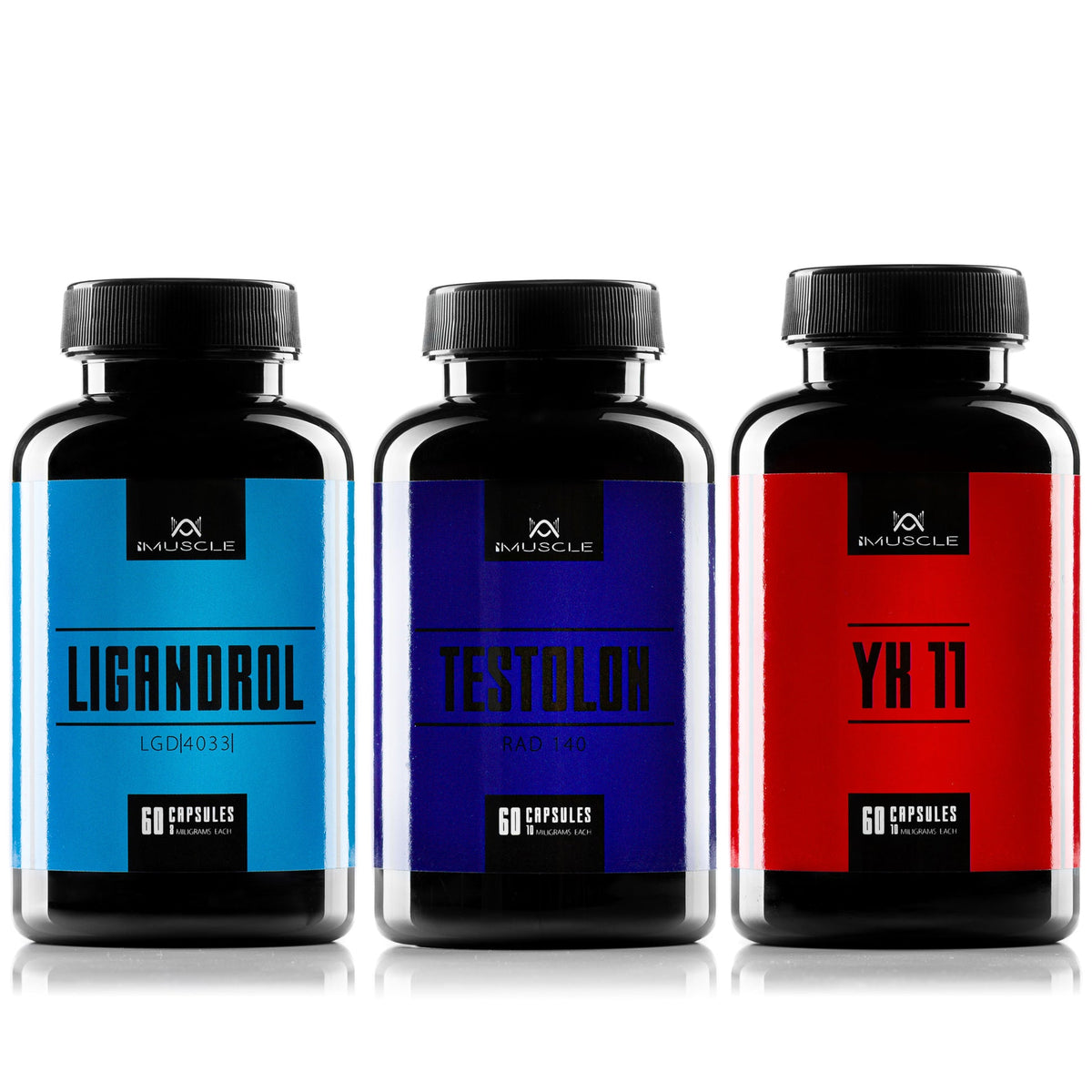 iMuscle Ligandrol, Testolone and YK-11 stack, three 60 capsule bottles