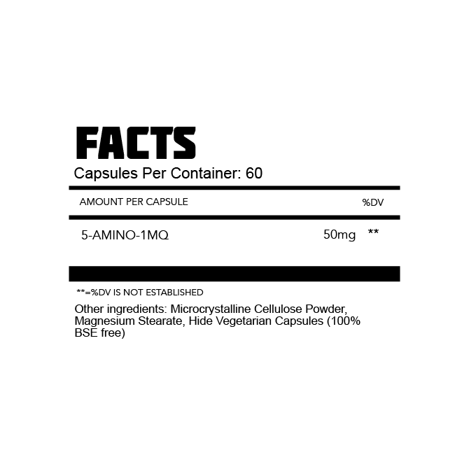 Thoroughbred Labs 5-Amino-1MQ facts panel, 50mg per capsule