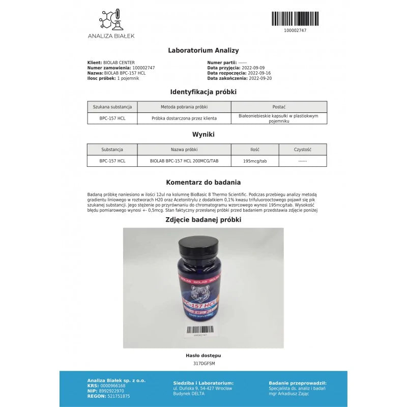 BioLab BPC-157 HCl laboratory analysis report from Analiza Białek, page 1
