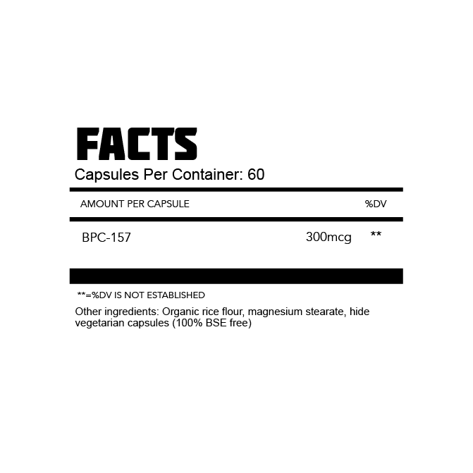 Thoroughbred Labs BPC-157 facts panel, 300mcg per capsule
