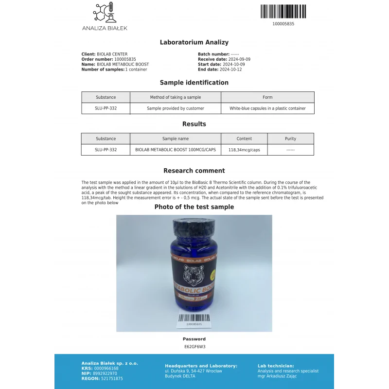 BioLab Metabolic Boost SLU-PP-332 laboratory analysis report from Analiza Białek, page 1