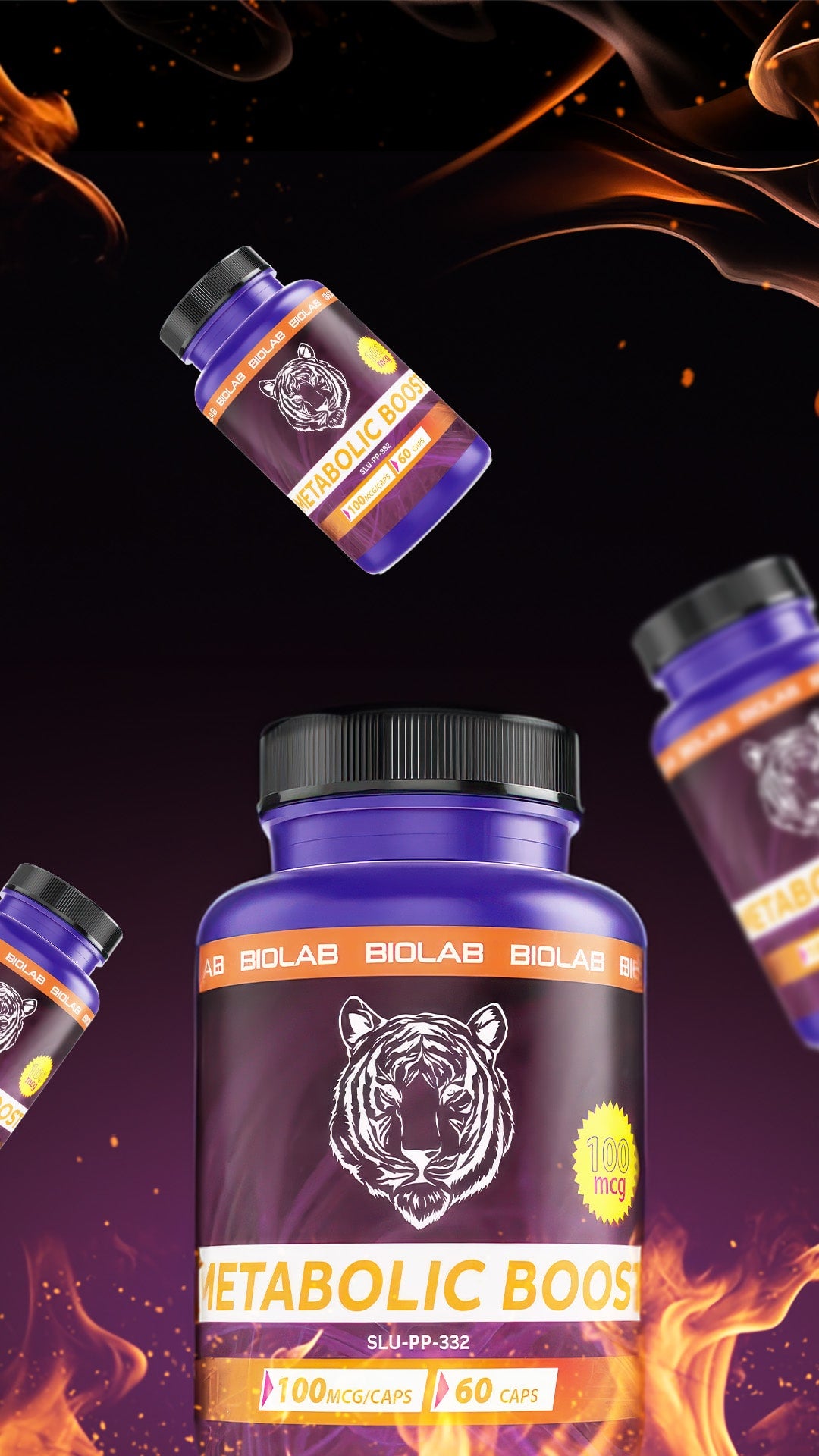 BioLab Metabolic Boost SLU-PP-332 bottles on a black background with flames