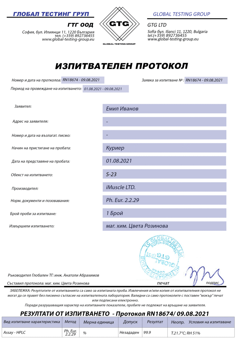 Global Testing Group test protocol for iMuscle S-23