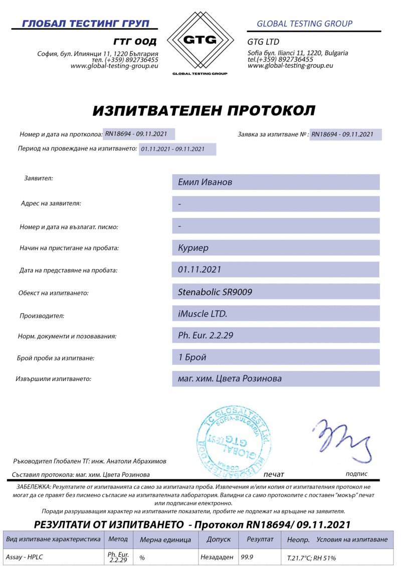 Global Testing Group test protocol for iMuscle Stenabolic SR-9009