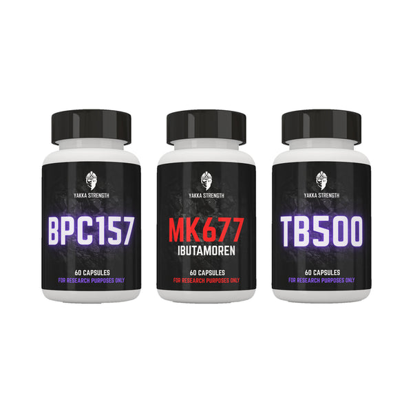 Yakka Strength MK-677 + BPC-157 + TB-500, pachet de capsule, fotografie de produs pe fundal alb
