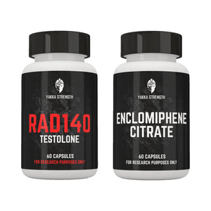 Yakka Strength RAD-140 & Enclomiphene, pachet, fotografie de produs pe fundal alb