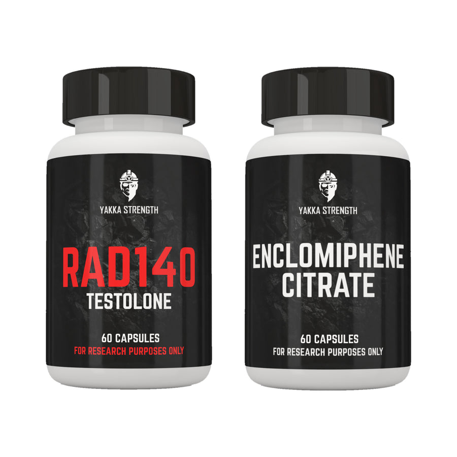Yakka Strength RAD-140 & Enclomiphene, pachet, fotografie de produs pe fundal alb