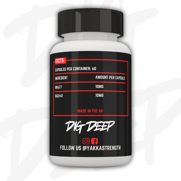 Yakka Strength MK677 + RAD140 bottle label, facts panel, 10mg each per capsule